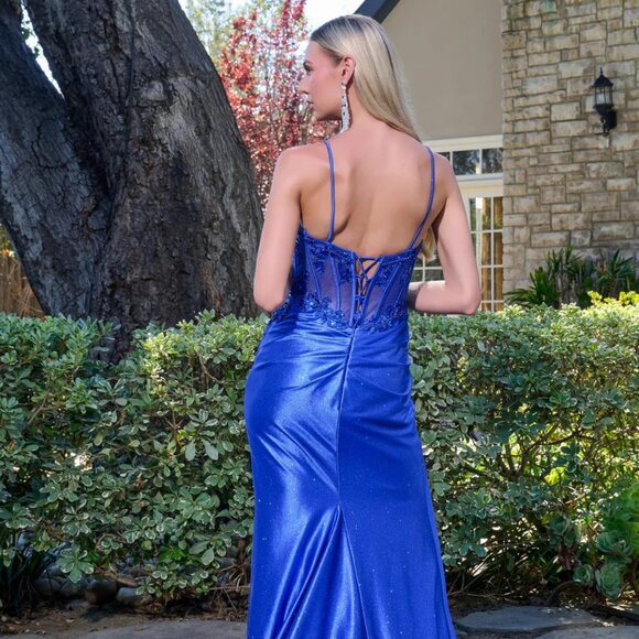 New Long Sheath Fashion Forward Prom Mesh Gown w/ Sheer Boned Bodice GL3688 - Picture 10 of 14